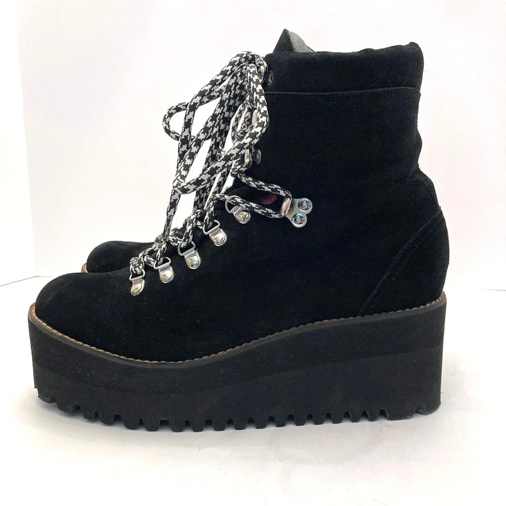 Jeffrey Campbell Platform Hiking Boots Black Suede Leather Womens 11 Lace Up